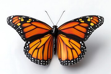 Fototapeta premium A 3D illustration of a monarch butterfly, its vivid orange and black wings beautifully rendered against a pristine white backdrop, highlighting its intricate details