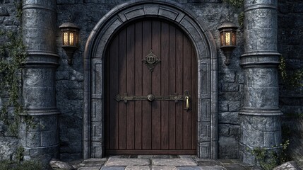 Ornate wooden door in medieval stone archway setting