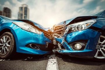 Fototapeta premium Two Blue Cars Crashing Frontal on Roadway Resulting in Damage and Wreckage, with Buildings in Background Under Cloudy Skies