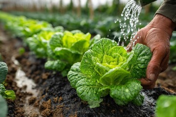 Hands watering vibrant heads of lettuce growing in rows inside a greenhouse, with water droplets glistening on the leaves.