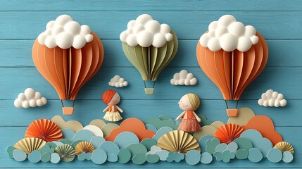Paper craft hot air balloons and figures float over a whimsical landscape of clouds and fans