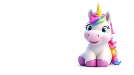 Cheerful cartoon unicorn 3 d render rainbow mane white background