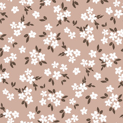 Small hand drawn grunge flowers beige and brown  background. Vector seamless floral pattern