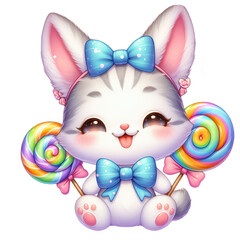 A cute pink cartoon easter bunny rabbit with ears holds colorful spring eggs for a fun holiday celebration