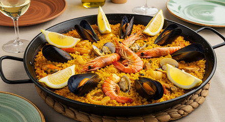 Delicious Seafood Paella Dish in a Traditional Pan, Lemon Wedges Garnish, Saffron Rice, Mussels, Shrimp