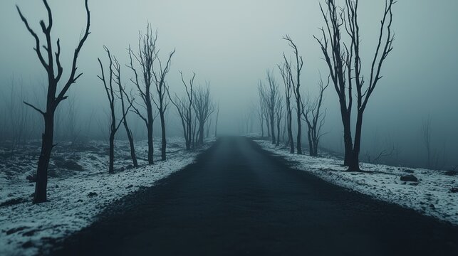 A foggy forest road with bare trees and snow on the ground.
