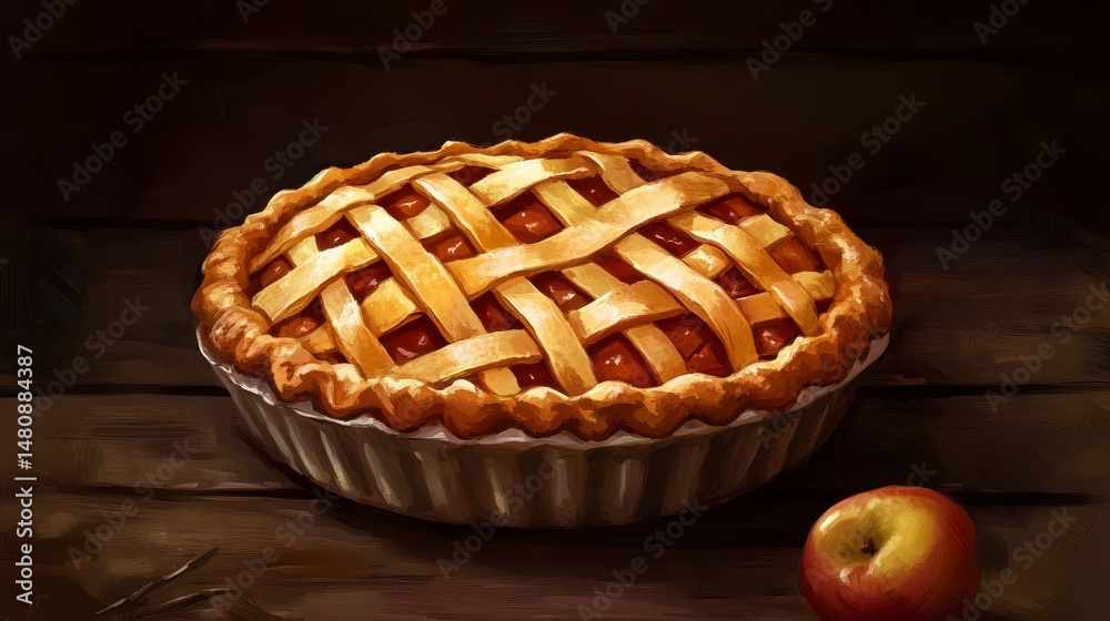 Poster delicious golden-brown apple pie with a lattice crust on a rustic wooden table.