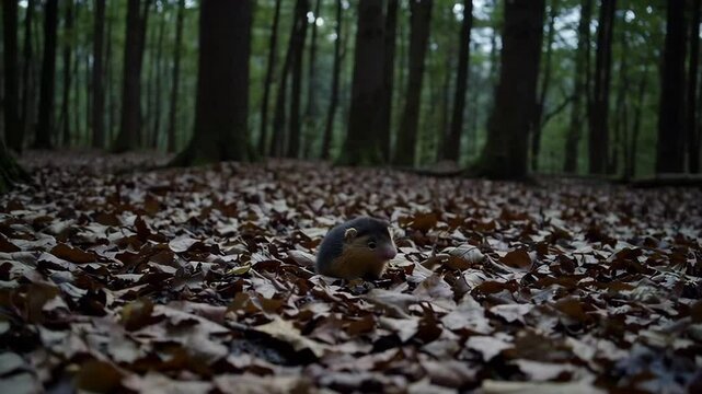 Tiny dormouse exploring forest floor covered with fallen leaves