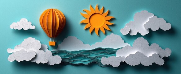 Paper art depicting a hot air balloon soaring above a stylized ocean, under a bright sun and fluffy clouds