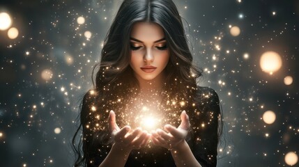Woman with glowing particles in hands magical fantasy portrait beauty and spirituality theme