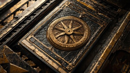 Obraz premium Ornate golden wheel mechanism in dark frame intricate details weathered texture antique design