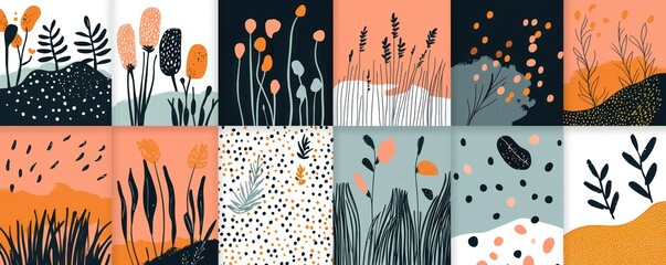 Twelve abstract floral designs, featuring varied color palettes and minimalist style.  Each tile showcases unique botanical elements against textured backgrounds