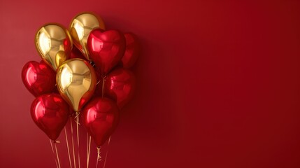 Heart balloons for montenegro independence day celebration on red background. Horizontal banner. Copy space. Red and gold ballons in colors of flag of Montenegro on a red background