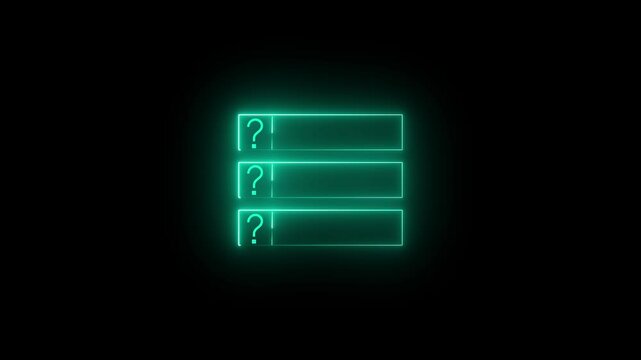 NEON black background with three empty rectangles lined vertically. overall aesthetic conveys a sense of mystery or inquiry, suggesting something is unknown or to be discovered.Each rectangle