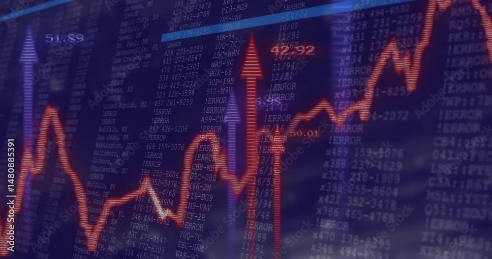 Poster red jagged upward trending line graph being animated in blue interface, highlighting error columns
