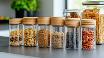 Glass jars with wooden lids filled with various nuts, seeds, and dried fruits