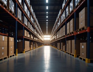 Fototapeta premium Warehouse with shelves, symbolizing trade effects on inventory and supply chains. 