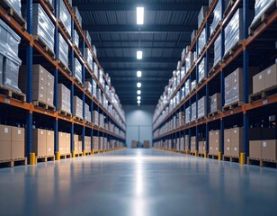 Fototapeta premium Warehouse with shelves, symbolizing trade effects on inventory and supply chains. 