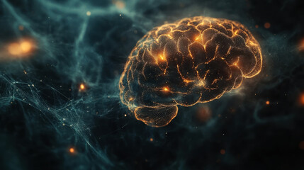 Illustration of a human brain with neural connections highlighted in a cosmic background