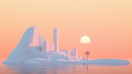 A 3D rendering of a serene island at sunset.