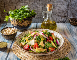Fattoush, Fresh and Colorful Lebanese Salad with Crispy Pita Bread