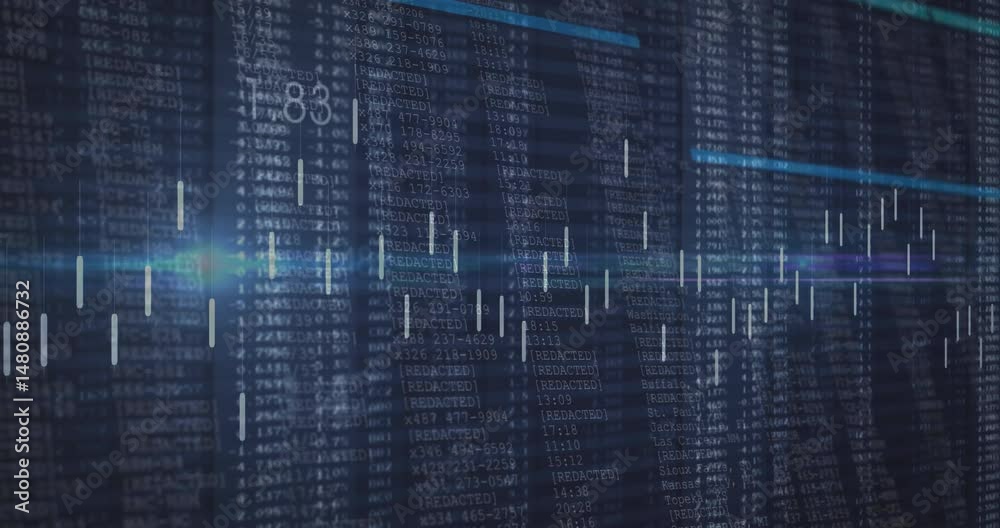 Poster displaying scrolling redacted code columns with translucent overlays and bright cyan purple flares