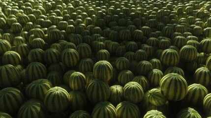 Obraz premium Dense field of spherical watermelons, displaying striped patterns.