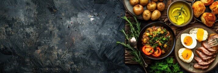 Traditional swedish national day feast with potatoes, meat, eggs, and bread arrangement. Sveriges nationaldag. Horizontal banner. Copy space. Swedish food on a stone background. National Day of Sweden