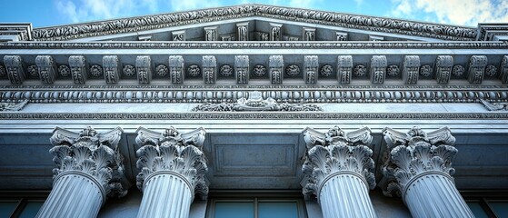 Majestic building facade, classical architecture. Intricate stone carvings, pillars, and a pediment create a sense of grandeur and timeless design