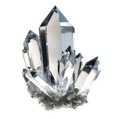 Sparkling Clear Quartz Crystal Cluster with Natural Facets and Unique Formations on transparent background