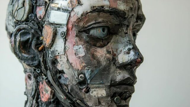 Metal assemblage sculpture of a human face in profile, textural art.