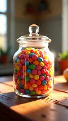 Close-up of transparent jar with colorful candies on wooden table