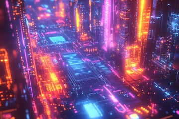 Obraz premium Vibrant cityscape bathed in neon hues, a mesmerizing fusion of technology and urban life, creating a futuristic metropolis.