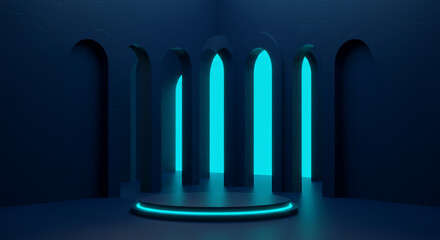 Surreal Abstract Blue Hallway with Arches and Bright Exit