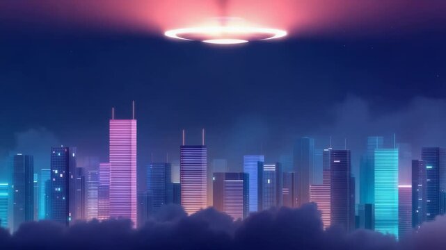 UFO lands on earth at night. Neon city with purple light landing of the flying ship. Ufo day concept.	