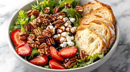 Fresh Salad with Strawberries, Candied Pecans, Goat Cheese, and Sliced Bread