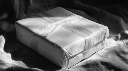 White gift wrapped in translucent ribbon dramatic lighting monochrome