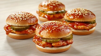 Gourmet mini chicken burgers sesame bun barbecue sauce pickles closeup food photography