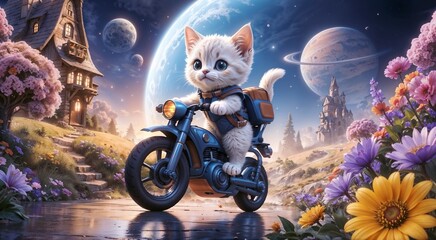 cute cartoon kitten riding motorcycle in whimsical fantasy landscape with flowers and planets for use in children's illustrations, storybooks, or playful design projects