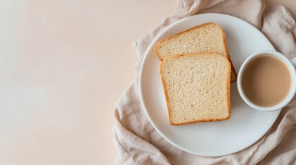 Simple breakfast coffee and toast on a beige tablecloth