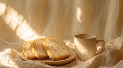 Golden hour breakfast slices of bread and a mug of coffee