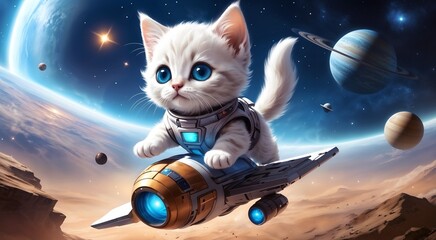 adorable white kitten in spacesuit piloting spacecraft in colorful outer space with planets and stars for use in children's sci fi illustrations, storybooks, or space themed design projects