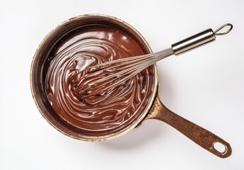 Fototapeta premium Close-up of melted chocolate in a saucepan with a whisk.