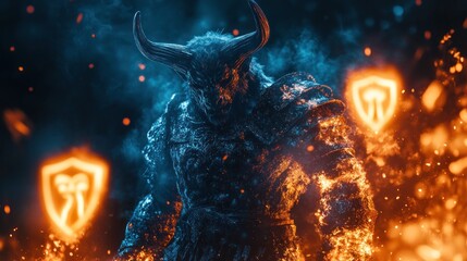 Fiery horned demon in dark fantasy setting