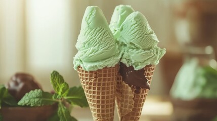 Mint chocolate chip ice cream cones closeup view of refreshing summer treat