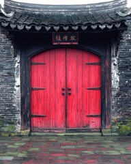 Ancient red wooden double doors set within a weathered grey brick wall, topped by a dark grey tiled roof and a carved wooden sign