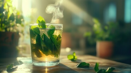 Steaming herbal tea with fresh mint leaves in sunlight
