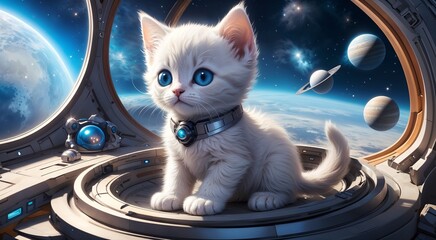 white kitten sitting inside spacecraft with planets and stars in space for use in children's space illustrations, sci fi art, or imaginative storybooks