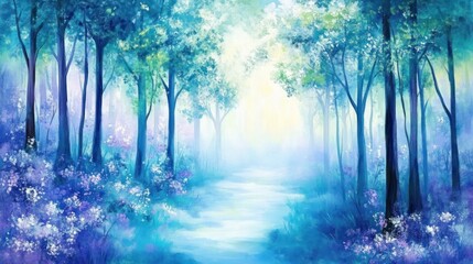 Ethereal blue forest path magical woodland scene painting