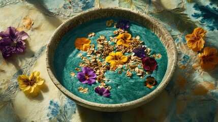 Vibrant teal smoothie bowl with granola and pansies garnish